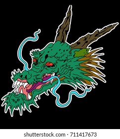 Japanese old Dragon head sticker on black background.Chinese green dragon tattoo
