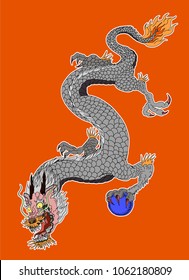 Japanese old Dragon sticker on black background.Chinese dragon tattoo. Traditional Asian tattoo the old dragon vector.