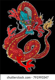 Japanese old Dragon sticker on black background.Chinese dragon tattoo. Traditional Asian tattoo the old dragon vector.