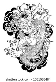 Japanese old dragon tattoo for arm.Hand drawn Dragon with peony flower,lotus,rose and chrysanthemum flower and water splash or Japanese wave traditional style.vector illustration Chinese dragon.