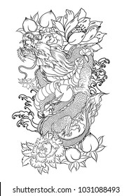 Japanese old dragon tattoo for arm.Hand drawn Dragon with peony flower,lotus,rose and chrysanthemum flower and water splash or Japanese wave traditional style.vector illustration Chinese dragon.