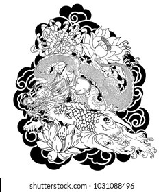 Japanese old dragon tattoo for arm.Hand drawn Dragon with peony flower,lotus,rose and chrysanthemum flower and water splash or Japanese wave traditional style.vector illustration Chinese dragon.