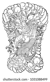 Japanese old dragon tattoo for arm.Hand drawn Dragon with peony flower,lotus,rose and chrysanthemum flower and water splash or Japanese wave traditional style.vector illustration Chinese dragon.