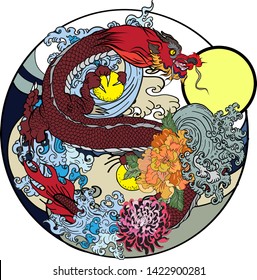 Japanese old dragon tattoo for arm.Hand drawn Dragon with peony flower,lotus,rose and chrysanthemum flower and water splash or Japanese wave traditional style.vector illustration Chinese dragon.