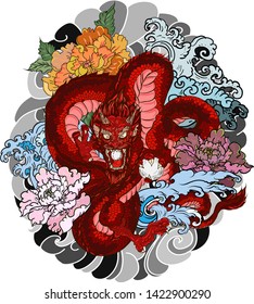 Japanese old dragon tattoo for arm.Hand drawn Dragon with peony flower,lotus,rose and chrysanthemum flower and water splash or Japanese wave traditional style.vector illustration Chinese dragon.