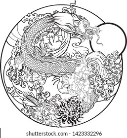 Japanese old dragon tattoo for arm.Hand drawn Dragon with peony flower,lotus,rose and chrysanthemum flower and water splash or Japanese wave traditional style.vector illustration Chinese dragon.
