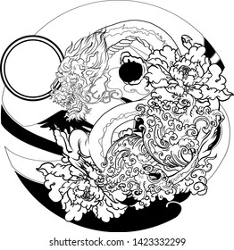 Japanese old dragon tattoo for arm.Hand drawn Dragon with peony flower,lotus,rose and chrysanthemum flower and water splash or Japanese wave traditional style.vector illustration Chinese dragon.