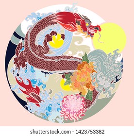 Japanese old dragon tattoo for arm.Hand drawn Dragon with peony flower,lotus,rose and chrysanthemum flower and water splash or Japanese wave traditional style.vector illustration Chinese dragon.