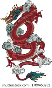 Japanese old dragon tattoo for arm.Hand drawn Dragon with cloud and water splash or Japanese wave traditional style.vector illustration Chinese dragon.