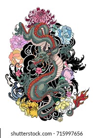 Japanese old dragon tattoo for arm.Hand drawn Dragon with peony flower,lotus,rose and chrysanthemum flower and water splash or Japanese wave traditional style.vector illustration Chinese dragon.