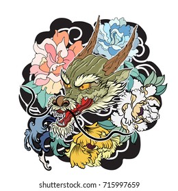 Japanese old dragon tattoo for arm.Hand drawn Dragon with peony flower,lotus,rose and chrysanthemum flower and water splash or Japanese wave traditional style.vector illustration Chinese dragon.