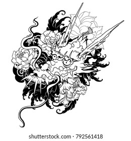 Japanese old dragon tattoo for arm.Hand drawn Dragon with peony flower,lotus,rose and chrysanthemum flower and water splash or Japanese wave traditional style.vector illustration Chinese dragon.