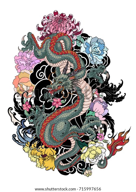 手描きの牡丹花 蓮 バラ 菊の花と水しぶき 日本の波の伝統的なスタイルのドラゴン ベクターイラスト中国の龍 のベクター画像素材 ロイヤリティフリー