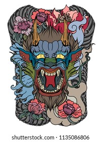 Japanese old dragon tattoo for back body.Hand drawn Dragon with peony flower and water splash or Japanese wave traditional style.vector illustration Chinese dragon.