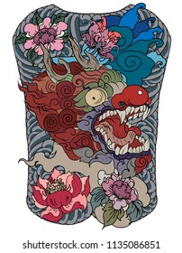 Japanese old dragon tattoo for back body.Hand drawn Dragon with peony flower and water splash or Japanese wave traditional style.vector illustration Chinese dragon.