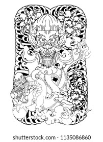 Japanese old dragon tattoo for back body.Hand drawn Dragon with peony flower and water splash or Japanese wave traditional style.vector illustration Chinese dragon.