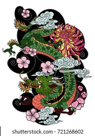 Japanese old dragon tattoo style with peony flower and lotus isolate on white background.Old dragon traditional Japanese tattoo style.Traditional Japanese culture for printing and coloring book