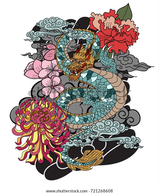 Japanese Old Dragon Tattoo Style Peony Stock Vector (Royalty Free ...