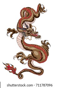 Japanese old dragon for tattoo. Traditional Asian tattoo the old dragon vector.Animal of Budhi.