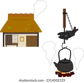 Japanese old house with a thatched roof and a hearth