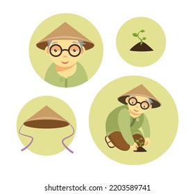 Japanese old man gardener flat vector illustration set. Cute asian farmer gardener wearing traditional conical hat. Planting and gardening process. Light green color palette.
