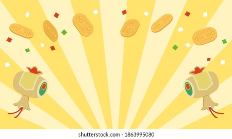 Japanese old money and confetti flying. Auspicious Gavel on the left and right. Yellow ray, Bright image (copy space in the center)