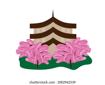 Japanese old style house with sakuru garden. Japanese style greeting card, banner for advertising Japanese goods.