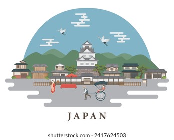 Ilustración vectorial del antiguo paisaje urbano japonés.