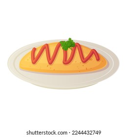 Japanese omelette Omurice dish. Asian food illustration isolated on white in cartoon style