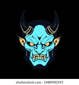 Japanese Oni Demon Mask Illustration. Mask Designs for T-shirts, Tattoos, Stickers, Gaming Logos or Posters