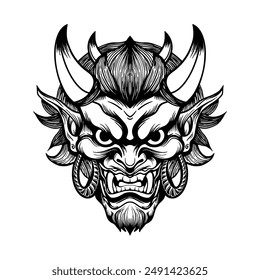 Japanese Oni Demon Mask Illustration. Mask Designs for T-shirts, Tattoos, Stickers, Gaming Logos or Posters