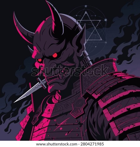Japanese Oni Demon Samurai Warrior with Glowing Red Eyes Biting Dagger, Dark Cyberpunk Armor Illustration with Sacred Geometry and Smoke