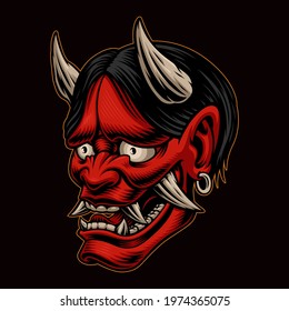 Japanese Oni demon vector illustration isolated on dark background. This illustration can be used as an emblem or as a shirt print