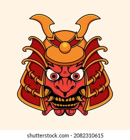 Japanese oni devil with samurai helmet illustration