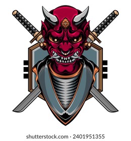 japanese oni evil mask and katana, vector EPS 10