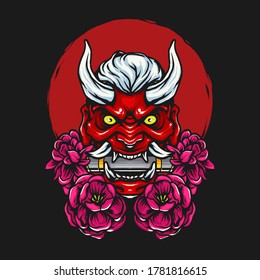 Japanese oni head with chrysanthemum flower illustration