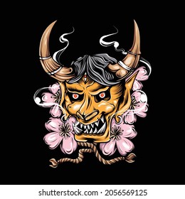 Japanese Oni mask gold and flower illustration for t-shirt design and print