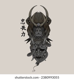 japanese oni mask with gorilla head and snake tattoo vector art