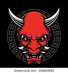 Japanese Oni mask head logo illusration