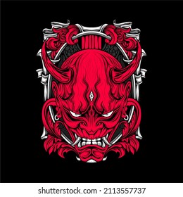 japanese oni mask illustration with awesome background