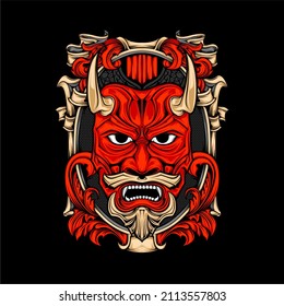 japanese oni mask illustration with awesome background