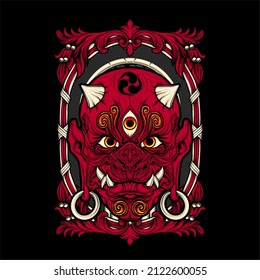 japanese oni mask illustration with awesome background