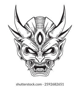 Japanese oni mask illustration design. Line art illustration for coloring book