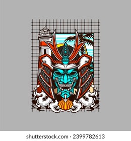 japanese oni mask illustration for t shirt design