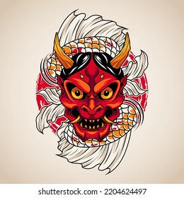 Japanese oni mask with koi fish ornament