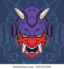 japanese oni mask mecha head illustration
