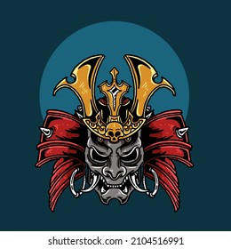 Japanese oni mask with samurai helmet vector illustration