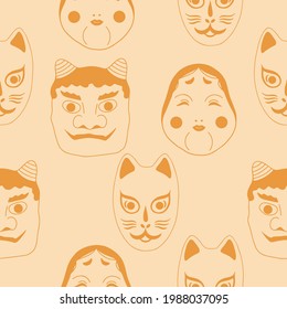 Japanese oni mask seamless pattern. Hand drawn traditional tile seamless pattern with kabuki masks - oni, fox, cat mask and kabuki mask. Vector asian doodle style japan oni demon repeat background. 