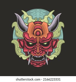 Japanese oni mask with smoke and moon