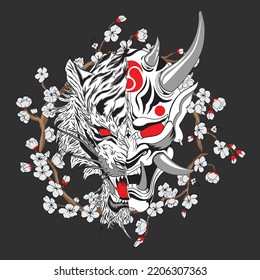 Japanese Oni Mask And Tiger Illustration